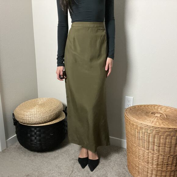 90s vintage olive green silk minimalist high waisted slit maxi pencil skirt - Picture 3 of 6